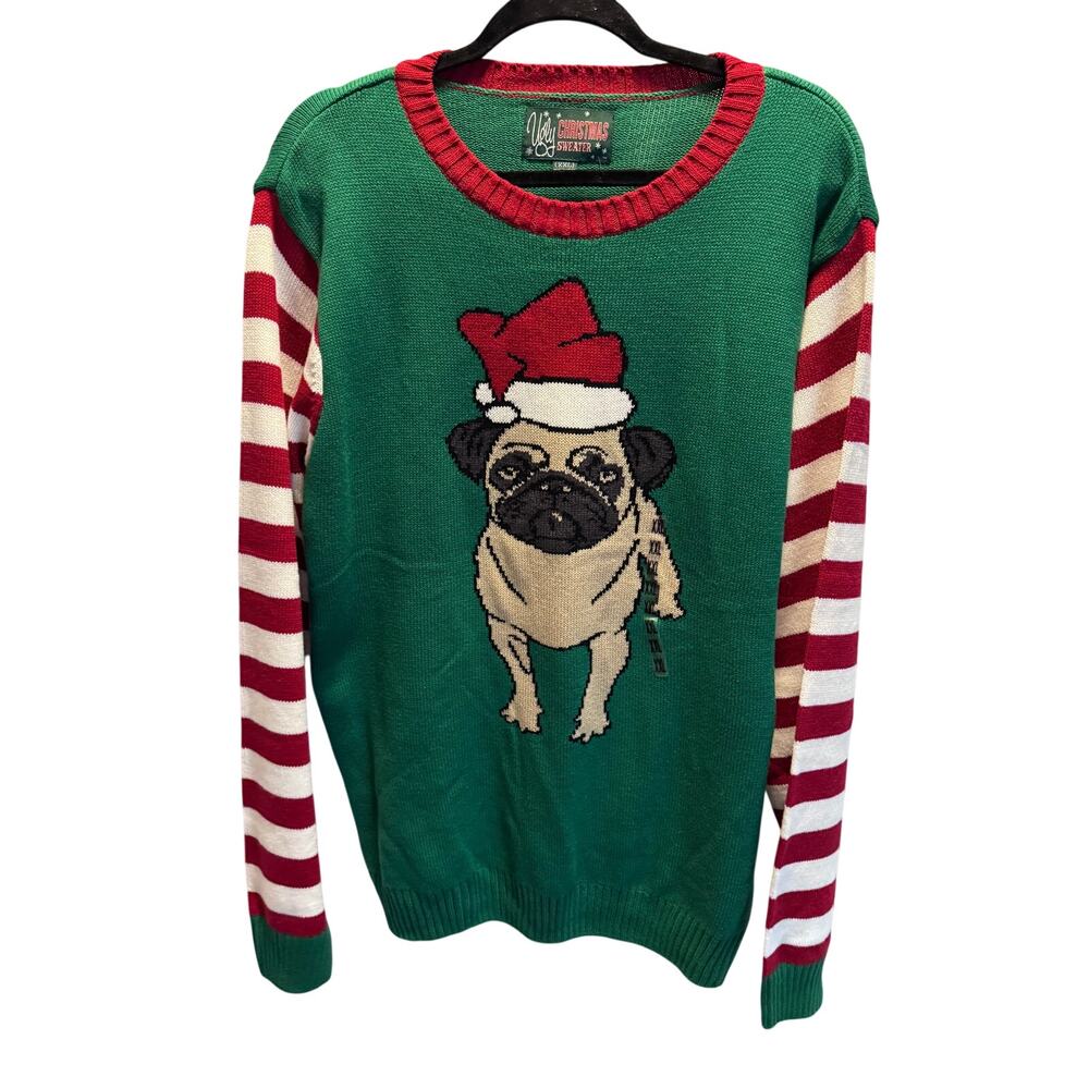 NWT Ugly Christmas Sweater Mens XXL Santa Pug Dog Green Striped Knit Pullover